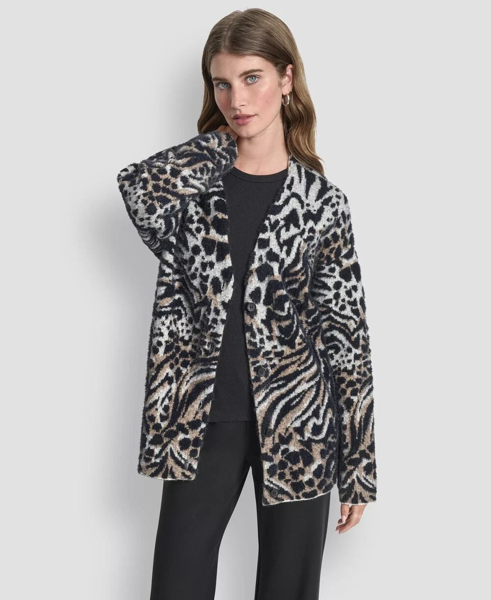 DKNY Women's Long-Sleeve Fur Mix Animal Cardigan Multi Size S 3826